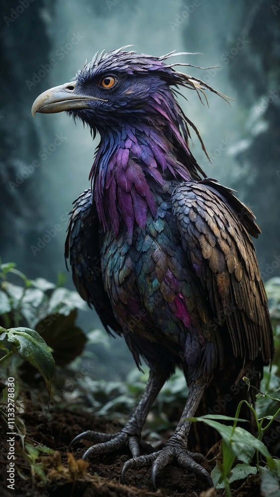 Fototapeta premium Fantasy colorful bird with iridescent feathers in an enchanting forest, artistic creation, copy space