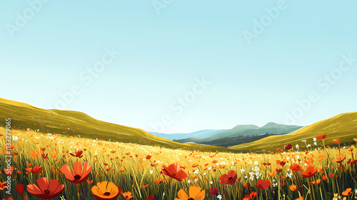 Rolling hills of wildflowers in ireland under a bright, clear sky, with ample space for copy. Meadow. Illustration