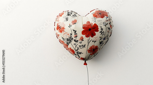heartshaped balloon creamcolored features a floral pattern with red poppies and black foliage Its a romantic decoration perfect for Valentines Day or anniversaries