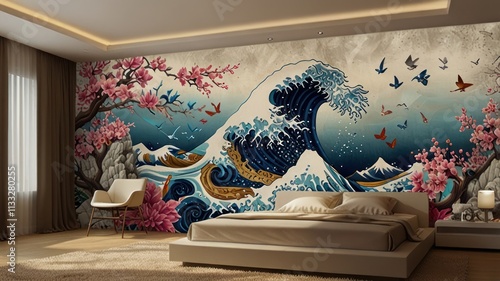 Large wall mural depicting a crashing wave, cherry blossoms, birds, and mountains in a bedroom setting.