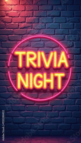 A vibrant neon sign reading TRIVIA NIGHT glows against a textured brick wall, creating an inviting atmosphere. The bold colors and playful design evoke excitement and fun, perfect for gathering
