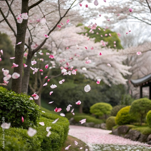 Delicate Cherry Blossom Petals Dancing in a Spring Garden