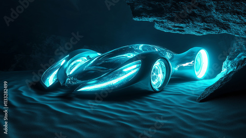 futuristic glowing car with sleek aerodynamic design illuminated in neon blue light, parked in a shadowy sci-fi desert cave photo