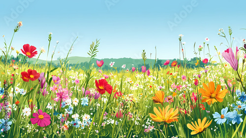 Expansive summer meadow filled with colorful wildflowers, vibrant hues, lush green grass, clear blue sky, detailed vegetation, serene nature landscape. Meadow. Illustration