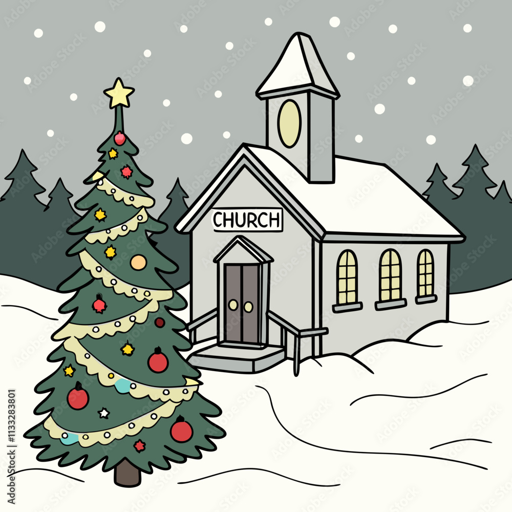 Naklejka premium A Christmas tree and a church vector design for Christmas Day on a white background. 