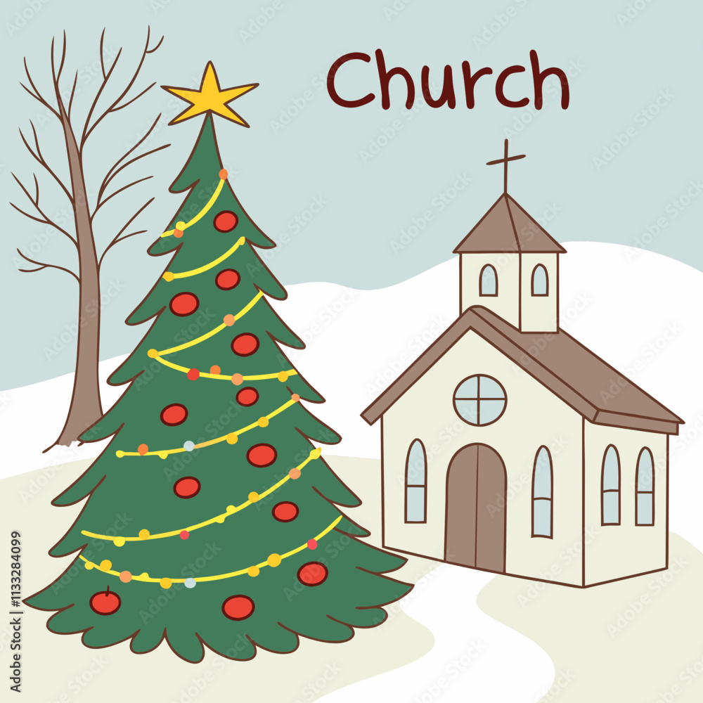 Fototapeta premium A Christmas tree, and a church vector design for Christmas Day on a white background. 