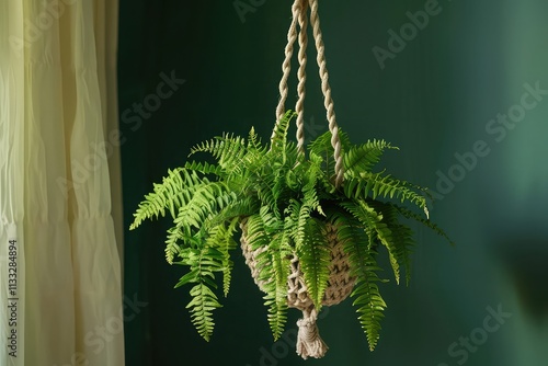 macrame plant hanger holding a pot of ferns photo