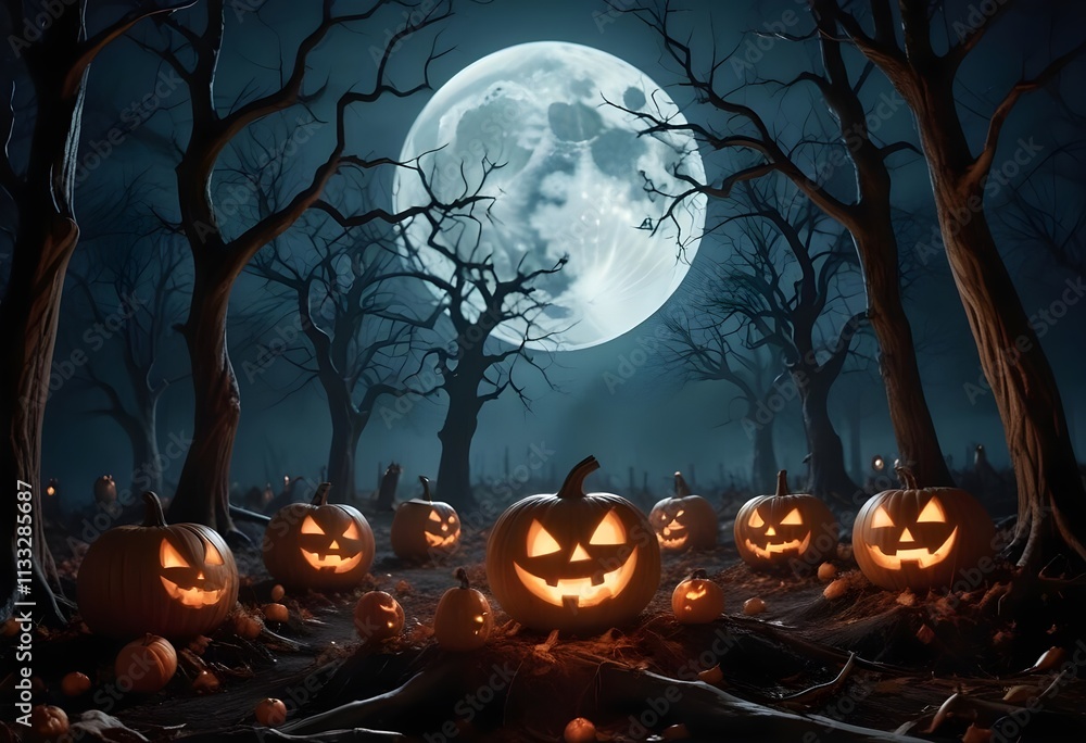 Fototapeta premium A dark, spooky forest with twisted, bare trees and a full moon in the night sky. In the foreground, there are several carved pumpkins on the ground, suggesting a Halloween or autumn scene