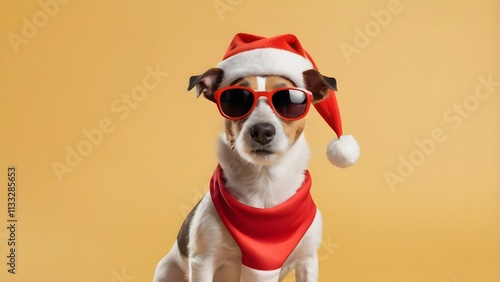 The image features a Jack Russell Terrier dressed up for Chrstms. photo