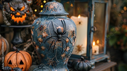 Elegant Halloween decor with webbed lamp and spider-themed elements captured during autumn dusk photo