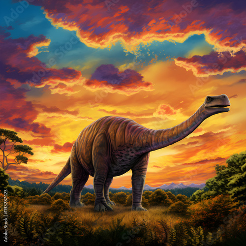 Mesozoic Majesty: The Awe-Inspiring Apatosaurus against a Prehistoric Landscape under Twilight Sky photo