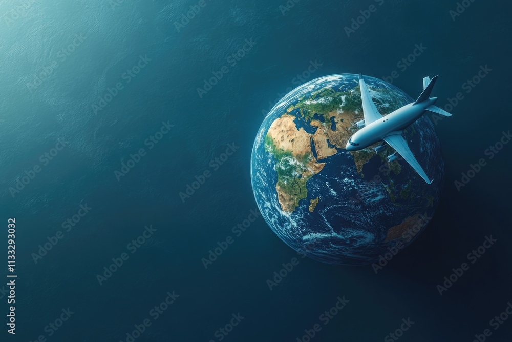 Fototapeta premium An airplane flies over the earth's surface against a blue background