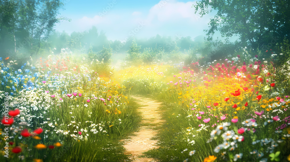 Obraz premium A path leading through a flowering meadow picture. Meadow. Illustration