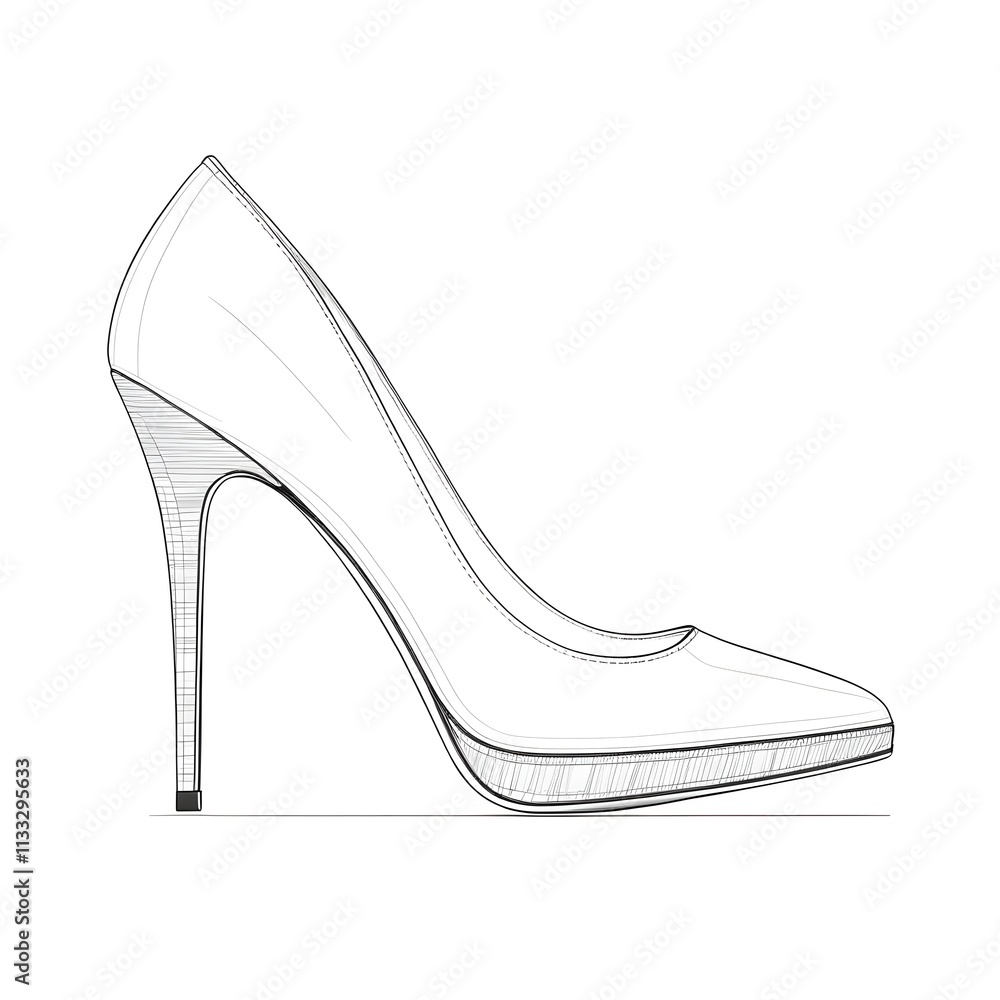 A detailed drawing of an elegant high heel shoe, showcasing its stylish design and graceful silhouette. A detailed drawing of an elegant high heel shoe, showcasing its stylish design and graceful silhouette.