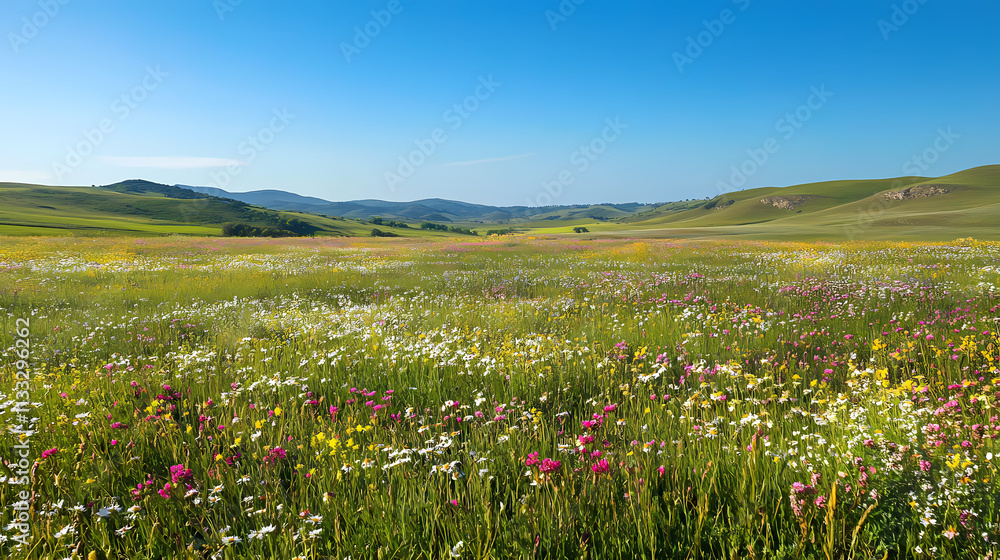 Fototapeta premium A vibrant green meadow with wildflowers in full bloom under a clear blue sky, with distant rolling hills in the background. Meadow. Illustration