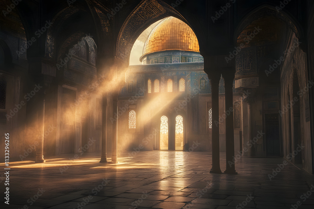 Fototapeta premium Sunlight streams through arches in ancient structure.