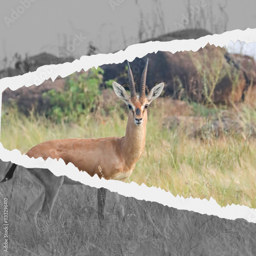 This artistic portrait of a Chinkara blends vibrant colors with striking black-and-white tones, creating a unique visual effect. The delicate details of the Chinkara’s slender frame and expressive eye photo