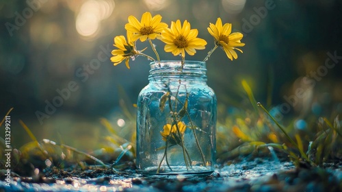 Yellow wildflowers in glass jar with dewdrops in natural setting photo