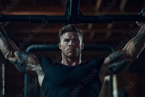 Strength and Grit: A determined man with tattoos powerfully executes a lat pulldown exercise in a dimly lit gym. The image emphasizes strength, focus, and dedication. photo