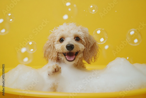 A cute dog in a bathtub surrounded by soapy bubbles photo