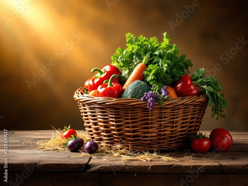 Freshly harvested vegetables in a rustic basket illuminated by warm sunlight in a cozy kitchen setting photo