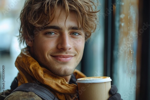 A young man holds a cup of coffee, possibly sipping or enjoying the aroma photo