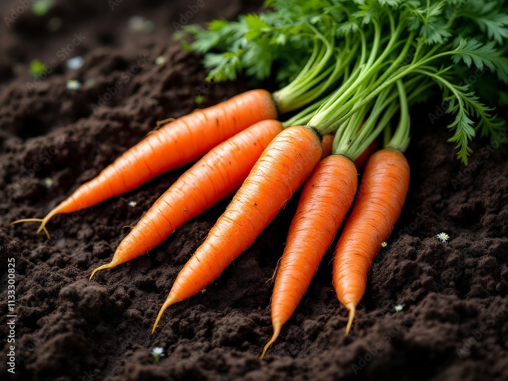 Freshly harvested carrots lying on rich, dark soil, showcasing vibrant orange hues and green tops under soft natural light in a garden setting Freshly harvested carrots lying on rich, dark soil, showcasing vibrant orange hues and green tops under soft natural light in a garden setting