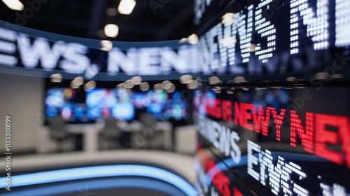 Breaking news updates from a modern newsroom with multiple screens and graphics displaying headlines