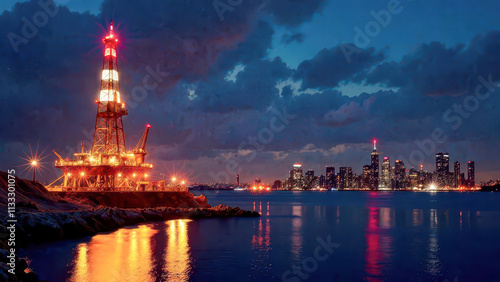 Oil Platform Cityscape - Celebration, New Year, Oil Worker Day, Geologist Day, Profession, Oil Extraction, Business, Industry