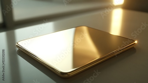 15. A gold-colored tablet with a smooth, reflective screen, lying flat on a desk with a subtle gradient background