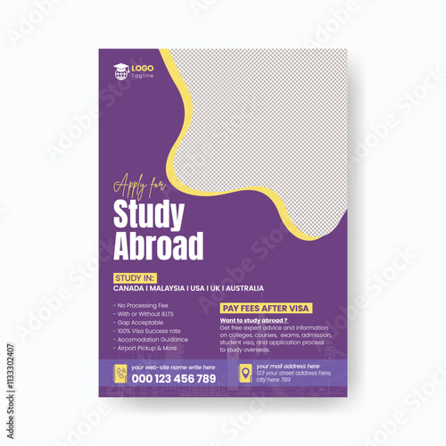 Study abroad editable print flyer or poster template, student visa application poster, education or online learning leaflet or brochure cover template design