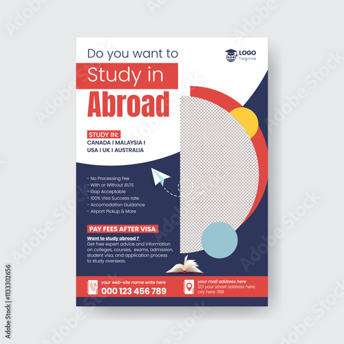 educational editable print flyer or poster template for Study abroad, student visa application, university admission poster, online learning flyer, poster, language learning vertical flyer, leaflet