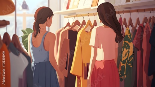 Two Women Browse Clothing In A Bright Boutique