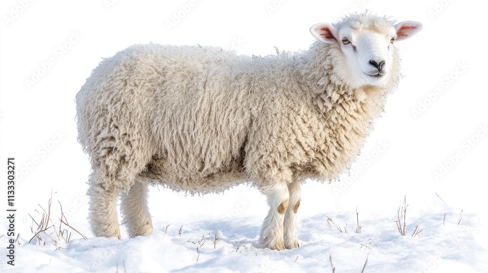 Fototapeta premium Fluffy white sheep standing in snow.
