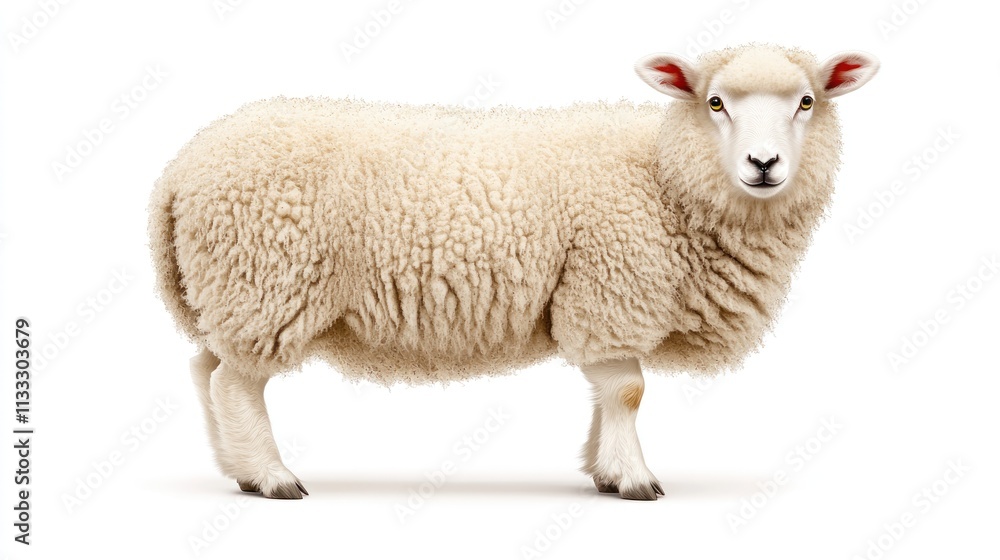 Fototapeta premium Fluffy white sheep standing on white background.