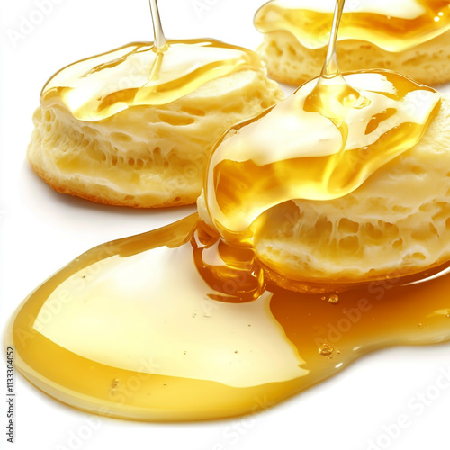 Golden honey drips gracefully over freshly baked scones, creating a warm and glossy surface that invites indulgence