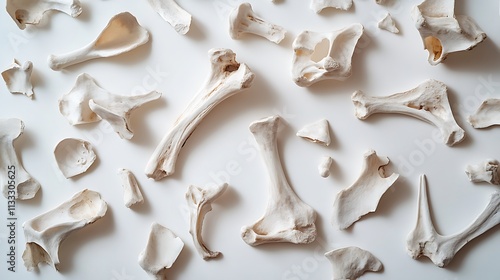 26. A set of fragmented bones, such as shards of a broken femur, arranged artistically on a white surface photo