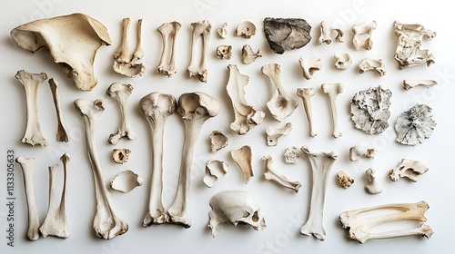 26. A set of fragmented bones, such as shards of a broken femur, arranged artistically on a white surface photo