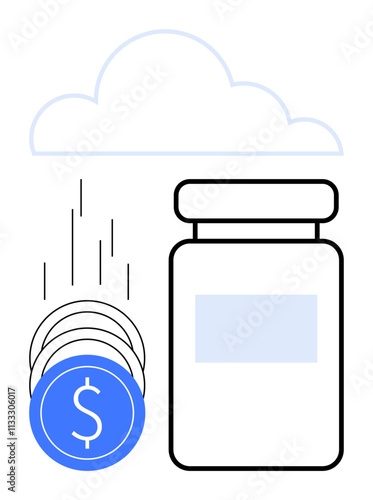 Cloud above coins falling into jar, representing financial savings. Ideal for cloud technology, digital finances, online storage, investment strategies, savings plans, fintech solutions, economic