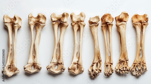 17. A set of bones from a human foot arranged neatly on a white background photo