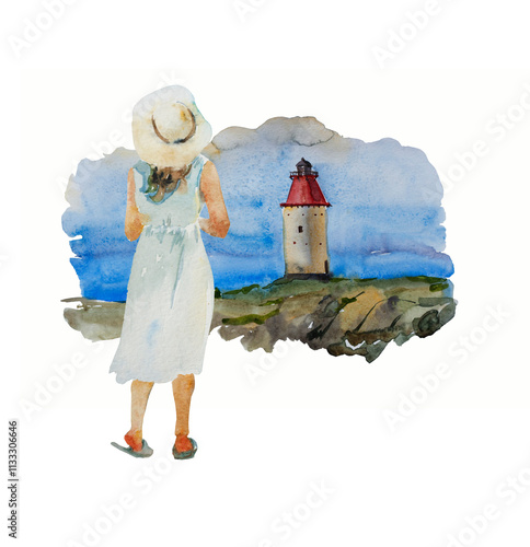 Watercolor landscape with girl in white dress, looking on lighthouse on the rock seashore photo