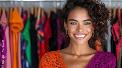 A woman standing in front of a rack of colorful clothes photo