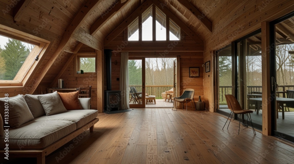 Fototapeta premium Cozy wooden cabin interior with large windows showcasing forest views. A spacious living area features a wood-burning stove, comfortable seating, and hardwood floors.