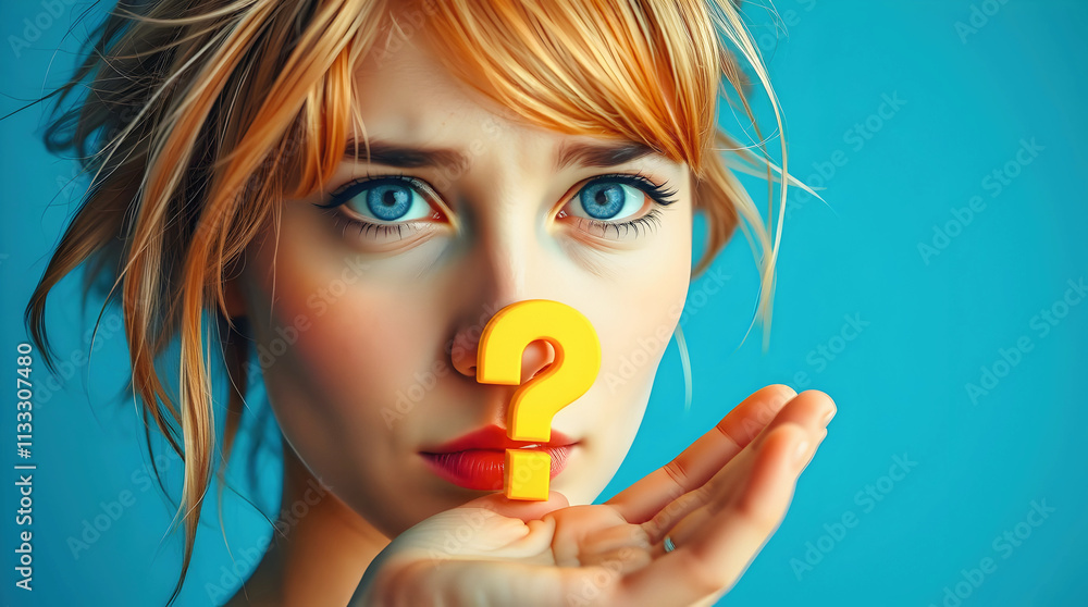 Portrait of beautiful confused blond woman, blue eyes, holding yellow question mark, isolated on blue background