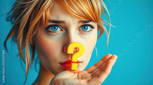 Obraz na płótnie Portrait of beautiful confused blond woman, blue eyes, holding yellow question mark, isolated on blue background w salonie
