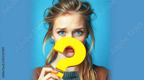 Portrait of beautiful confused blond woman, blue eyes, holding yellow question mark, isolated on blue background