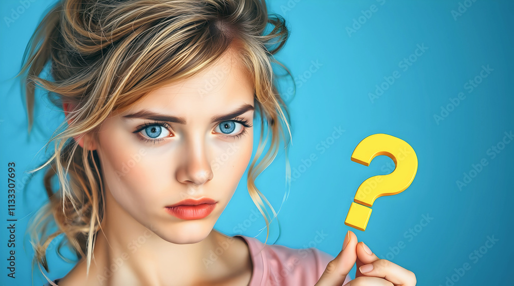 Portrait of beautiful confused blond woman, blue eyes, holding yellow question mark, isolated on blue background