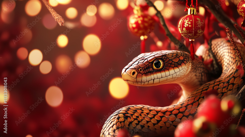 Obraz premium Christmas banner with a snake, for the year of the snake. Chinese lanterns. With a place for the text.