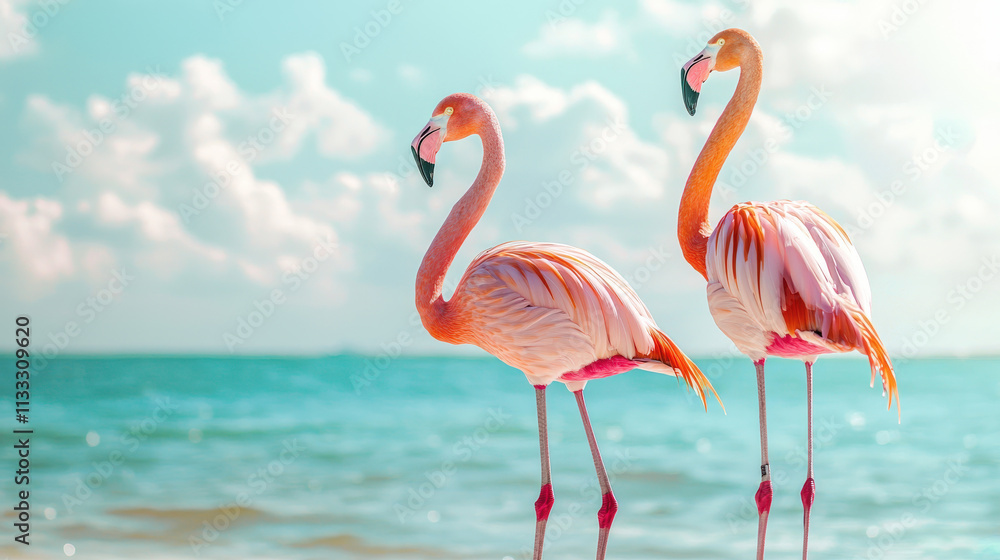 Obraz premium Two Elegant Flamingos Standing Gracefully by the Shoreline Under a Bright Sky and Gentle Waves in a Tropical Paradise Setting