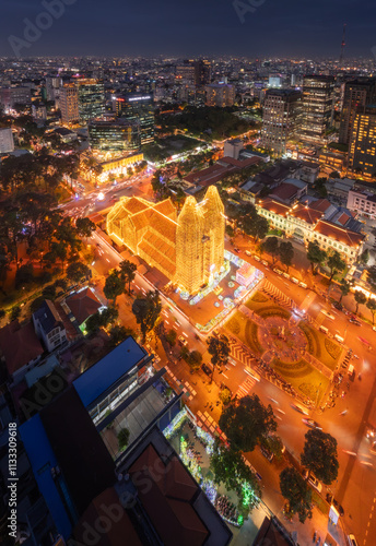 Aerial view of Notre Dame Cathedral or Duc Ba church, special worship place in central of Ho Chi Minh city. Before Christmas Day in Vietnam. photo